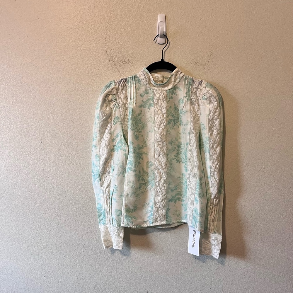 Loveshackfancy Womens Xs Jacque Blouse Teal Lace … - image 2